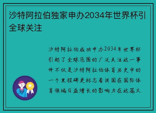 沙特阿拉伯独家申办2034年世界杯引全球关注 沙特阿拉伯独家申办2034年世界杯引全球关注